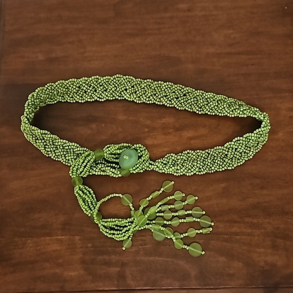 Vintage 1970s Lime Green Braided Glass Beaded Boho Festival Belt main image 7